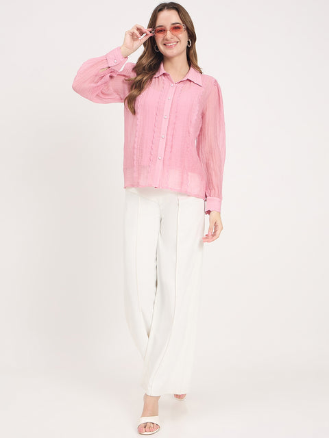 Madame Pink Lace Detail Lyocell Puff Sleeve Shirt