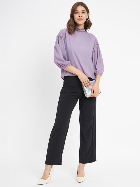 Madame Embellished Neckline Turtle Neck Solid Mauve Top