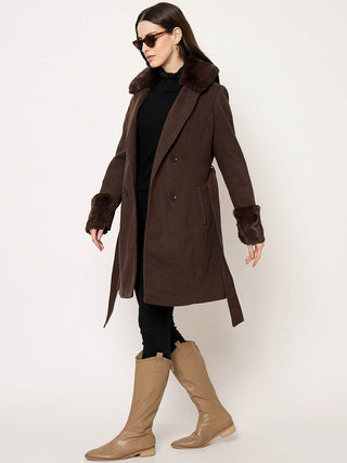 Madame Notch Lapel Neckline Brown Belted Long Coat