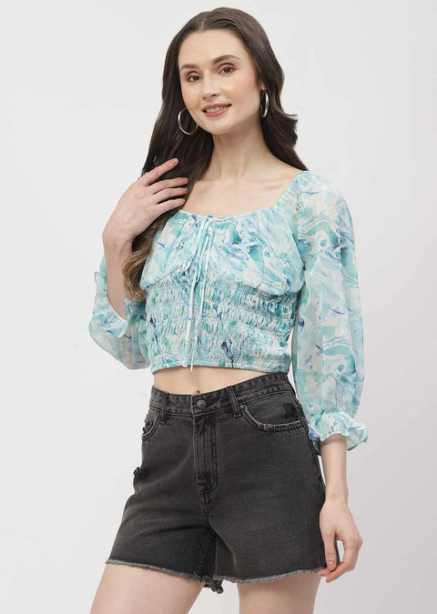 Madame Poet Sleeve Mint Blue Smocked Crop Top
