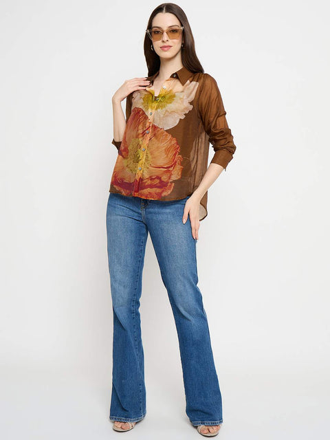 Madame Floral Print Tencel Blend Brown Shirt
