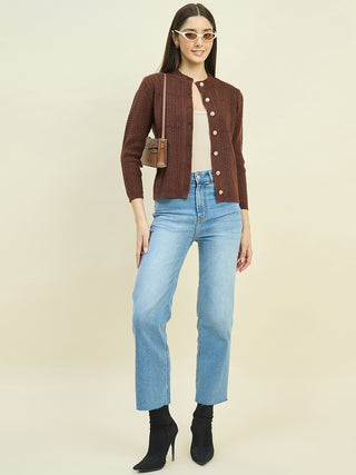 Madame Round Neck Brown Buttoned Cardigan