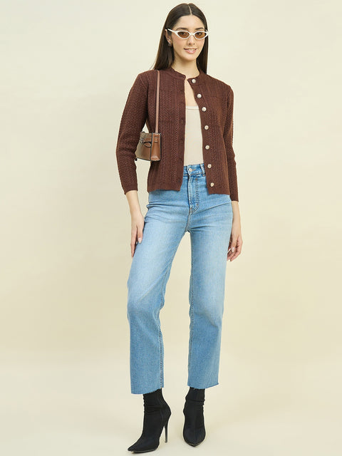 Madame Round Neck Brown Buttoned Cardigan
