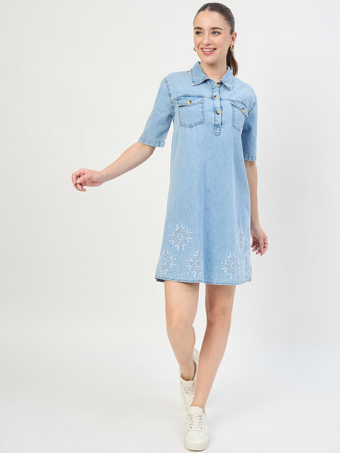 Madame Light Blue Cotton Tencel Embroidered Shirt Dress