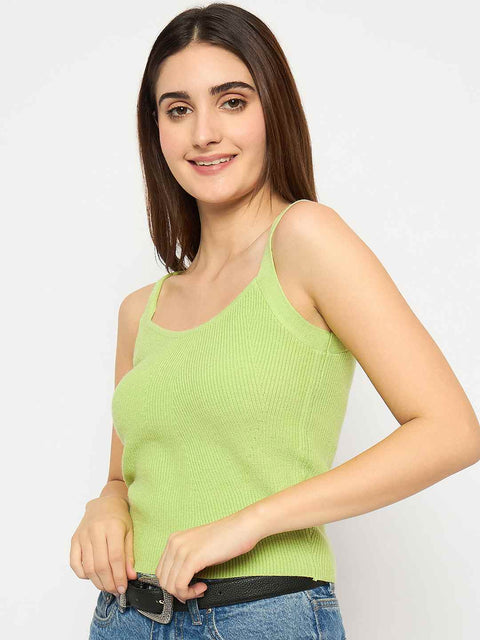 Madame Sleeveless Solid Green Ribbed Knit Sweater