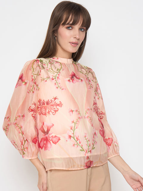 Madame Floral Print Puff Sleeve Peach Top