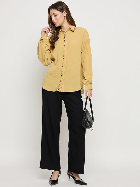 Madame Yellow Embellished Rayon Full Sleeve Shirt