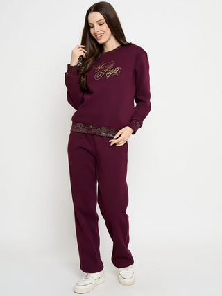 mSECRET Typography Print Sweatshirt and Straight Bottoms Plum Night Suit