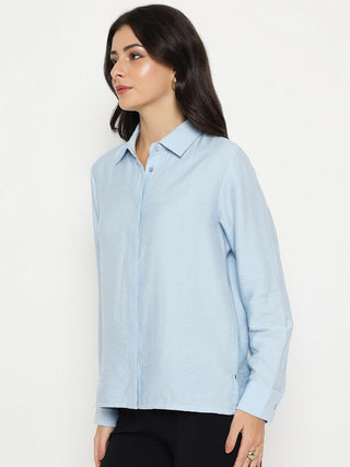 Madame Textured Solid Sky Blue Rayon Blend Shirt