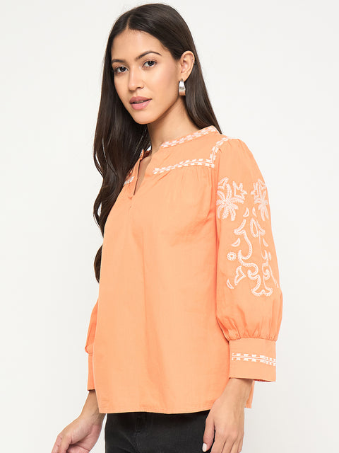 Madame Embroidered Split Crew Warm Amber Cotton Top