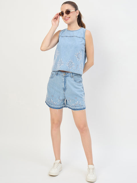 Madame Ice Blue Cotton Tencel Embroidered Sleeveless Denim Top
