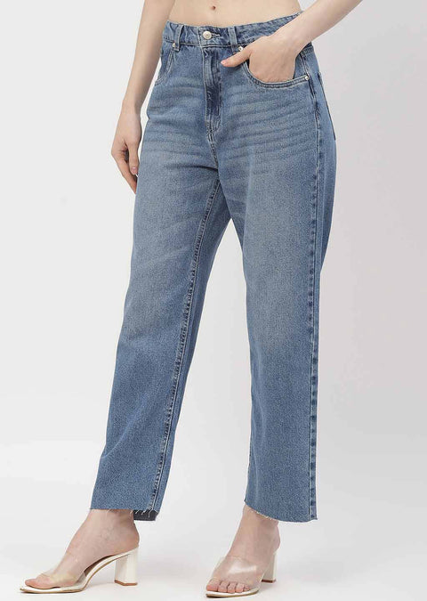 Madame Washed Mid Blue Distressed Hem Jeans