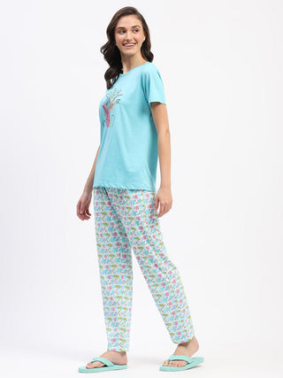 mSECRET Blue Cotton T-Shirt and Floral Print Pyjama Nightsuit