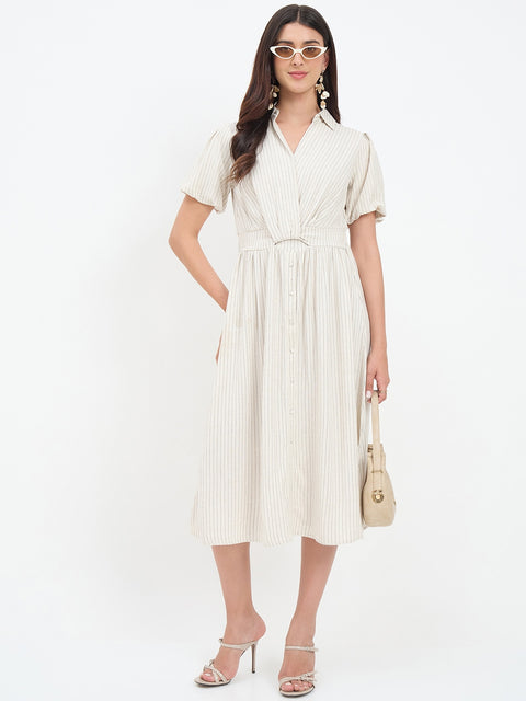 Madame Beige Viscose Linen Blend Midi Dress
