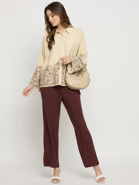 Madame Beige Embroidered Rayon Full Sleeve Shirt