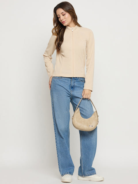 Madame Beige Mock Neck Full Sleeve Top