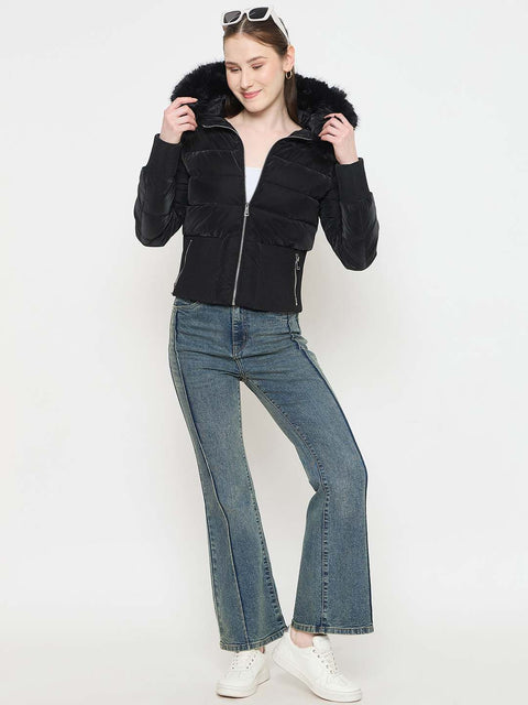 Madame Faux Fur Hood Black Puffer Jacket