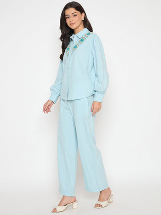Madame Patchwork Detailed Shirt and Bottoms Blue Co-ord Set