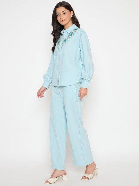 Madame Patchwork Detailed Shirt and Bottoms Blue Co-ord Set