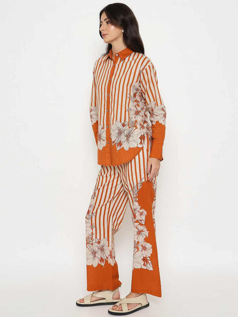 Madame Floral Print Top and Bottoms Striped Rust Red Co-ord Set