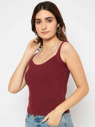 Madame Sleeveless Solid Red Ribbed Knit Sweater