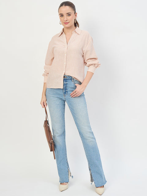 Madame Beige Ruched Sleeve Full Sleeve Shirt
