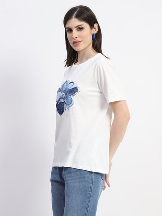 Madame Graphic Print Crew Necked White Cotton T-Shirt