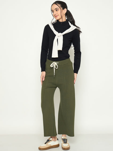 Madame Olive Green Wide Leg Wool Trousers