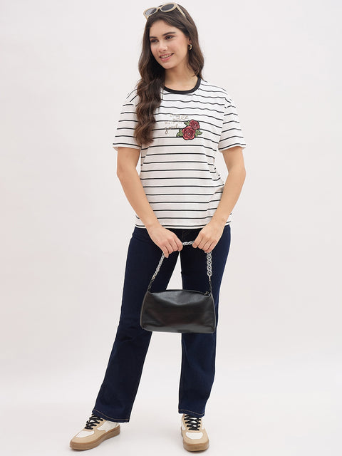 Madame Off White Striped with Print Half Sleeve T-Shirt
