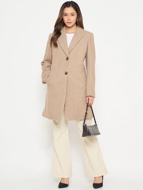 Madame Lapel Notch Collar Beige Long Coat with Buttons