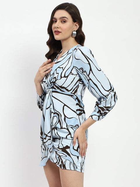 Madame Butterfly Print Wrap Style Surplice Neck Sky Blue Mini Dress