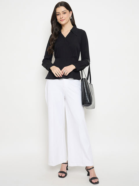 Madame Black Rayon Blend Peplum Shirt Top