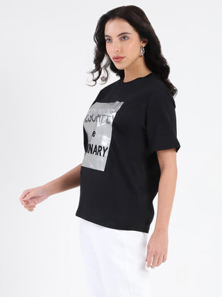 Madame Swarovski Detailed Graphic Print Black Cotton T-shirt