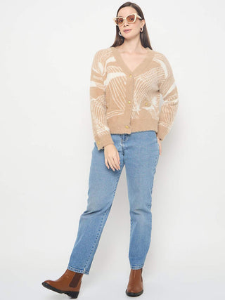 Madame Abstract Print Button Up Camel Brown Sweater