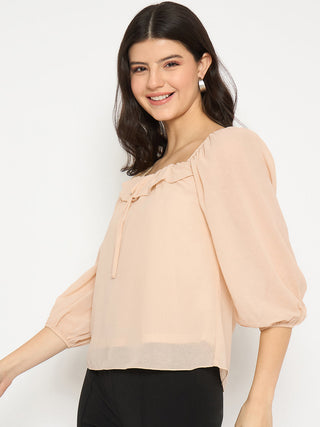 Madame Ruffle Detailed Square Neck Beige Top