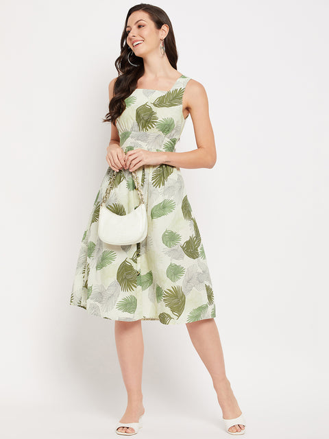 Madame Green Printed Fit & Flare Dress