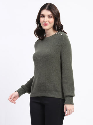 Madame Button Detailed Solid Olive Knitted Sweater