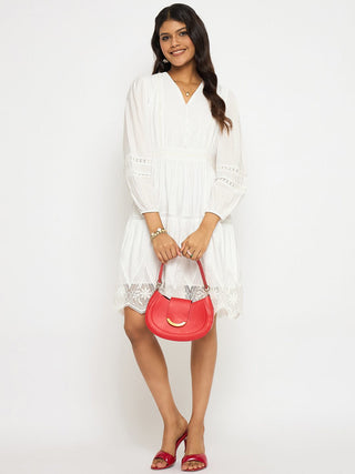 Madame Lace Detailed White Rayon Blend Dress