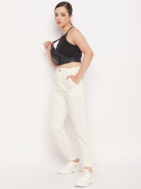 Madame White Elasticated Cotton Joggers