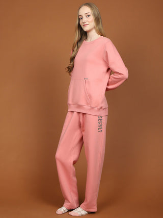 mSECRET Fleece Printed Round Neck Top and Bottom Pink Night Suit