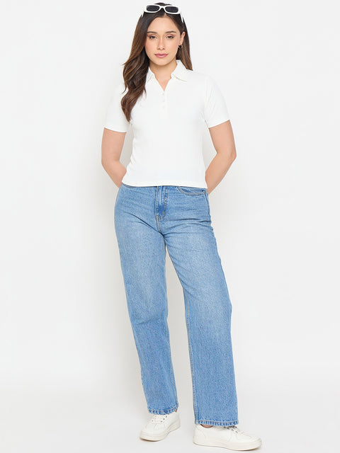Madame White Solid Polo T-Shirt