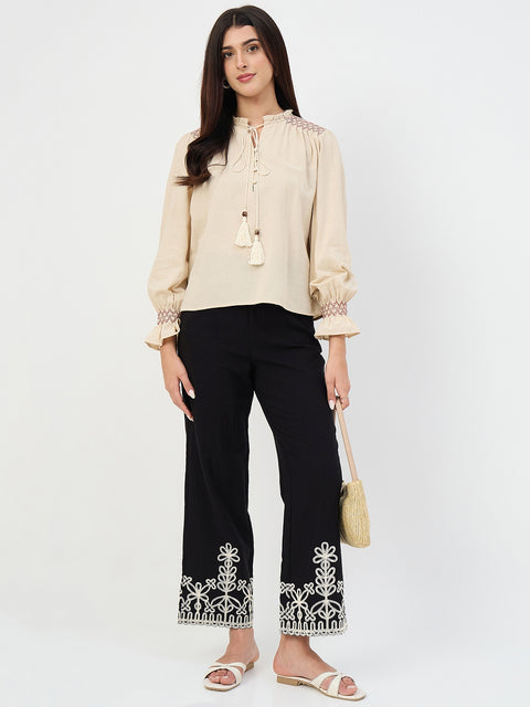 Madame Beige Gather-Detail Cotton Top
