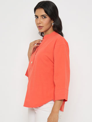 Madame Button Detail Solid Coral Cotton Top