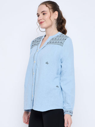 Madame Cotton Embroidery Detailed Sky Blue Top