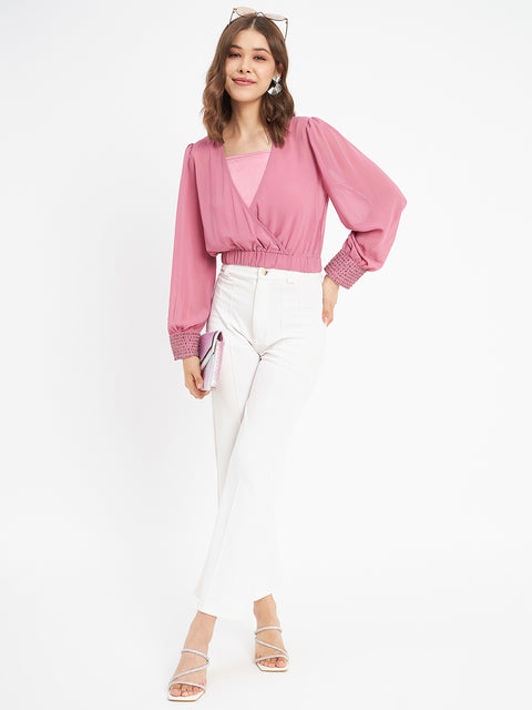 Madame Elasticated Hem Pink Wrap Crop Top