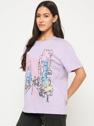 Madame Swarovski Detail Graphic Print Cotton Lilac T-shirt