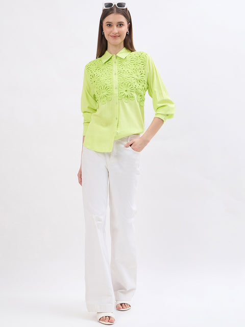 Madame Embroidery Patchwork Pear Green Viscose Shirt