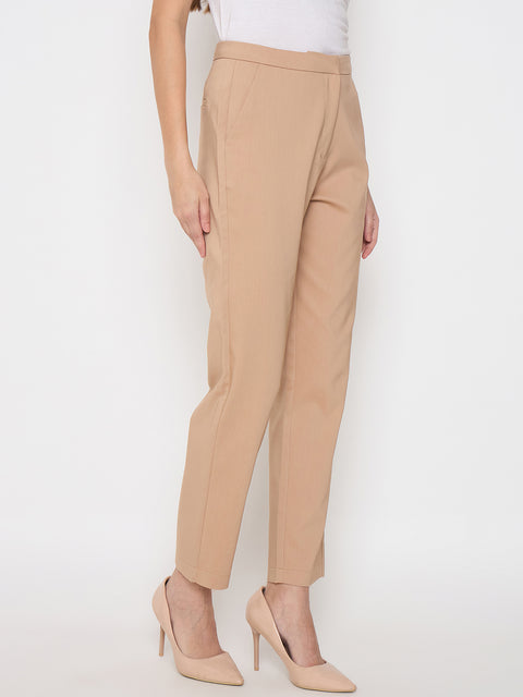 Madame Alex Waist Belt Detail Solid Beige Trousers