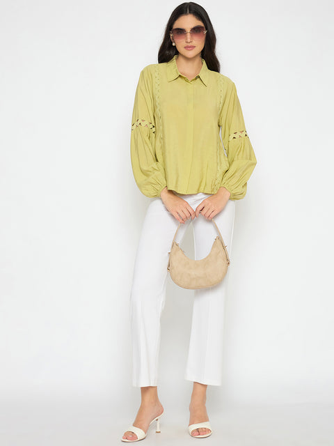 Madame Puff Sleeve Pear Green Rayon Blend Shirt