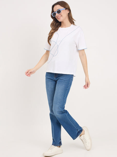 Madame White Embroidered Cotton Round Neck T-Shirt